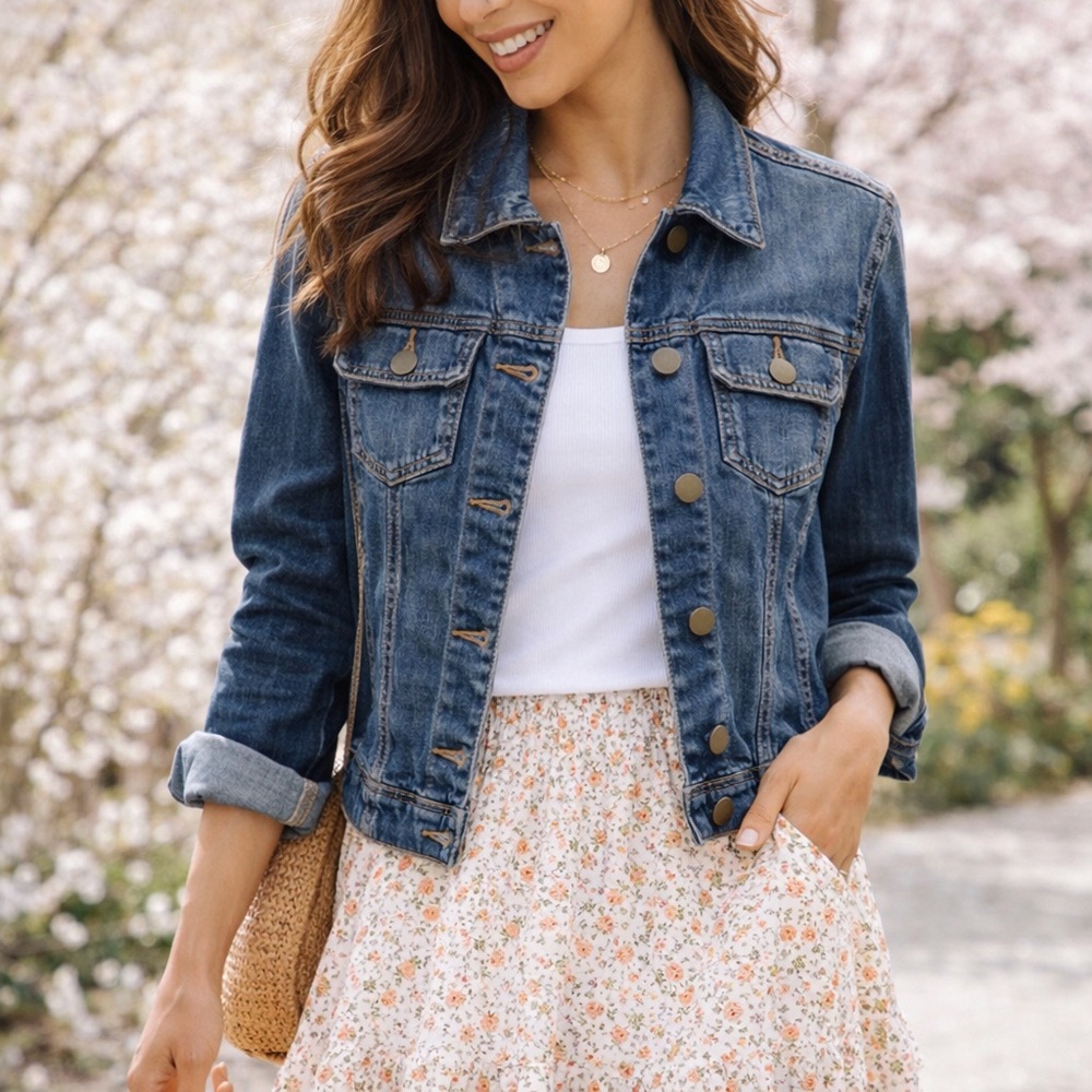 CAbi Dark Wash Denim Jacket XS | Classic Stretch Trucker Jacket | Capsule Closet